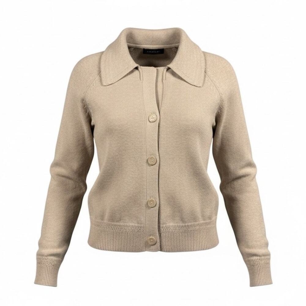 Tahari 100% Cotton Cardigan Tan Large Collar Women's Grandmacore Cozy Sweater- M